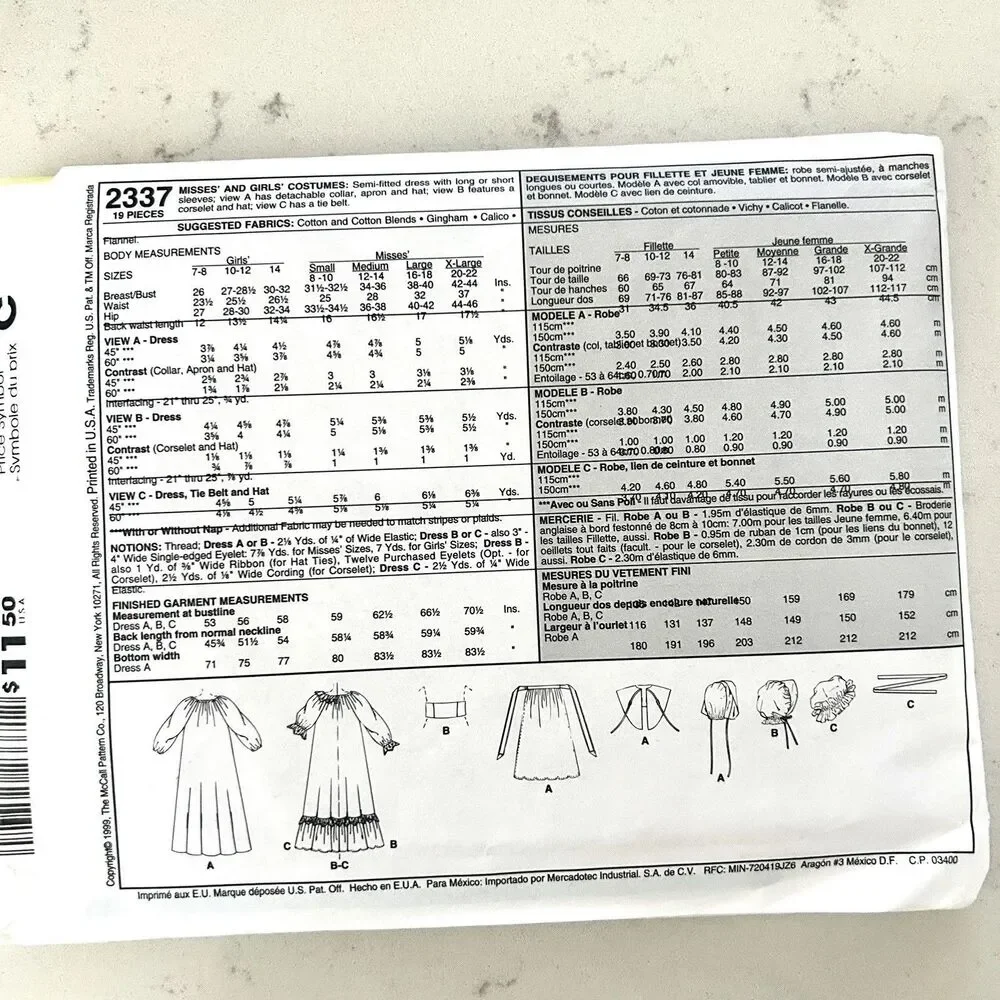McCall's 2337 Puritan Pilgrim Settler Costume Sewing Pattern Childs 7 8